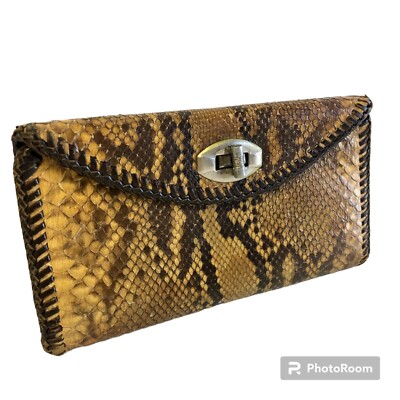 Vtg 70's PYTHON Genuine SNAKE Skin Women's Wallet Checkbook Leather LACED Clutch