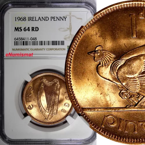 Ireland Republic Bronze 1968 Penny NGC MS64 RD NICE RED Hen with chicks KM11 (8)