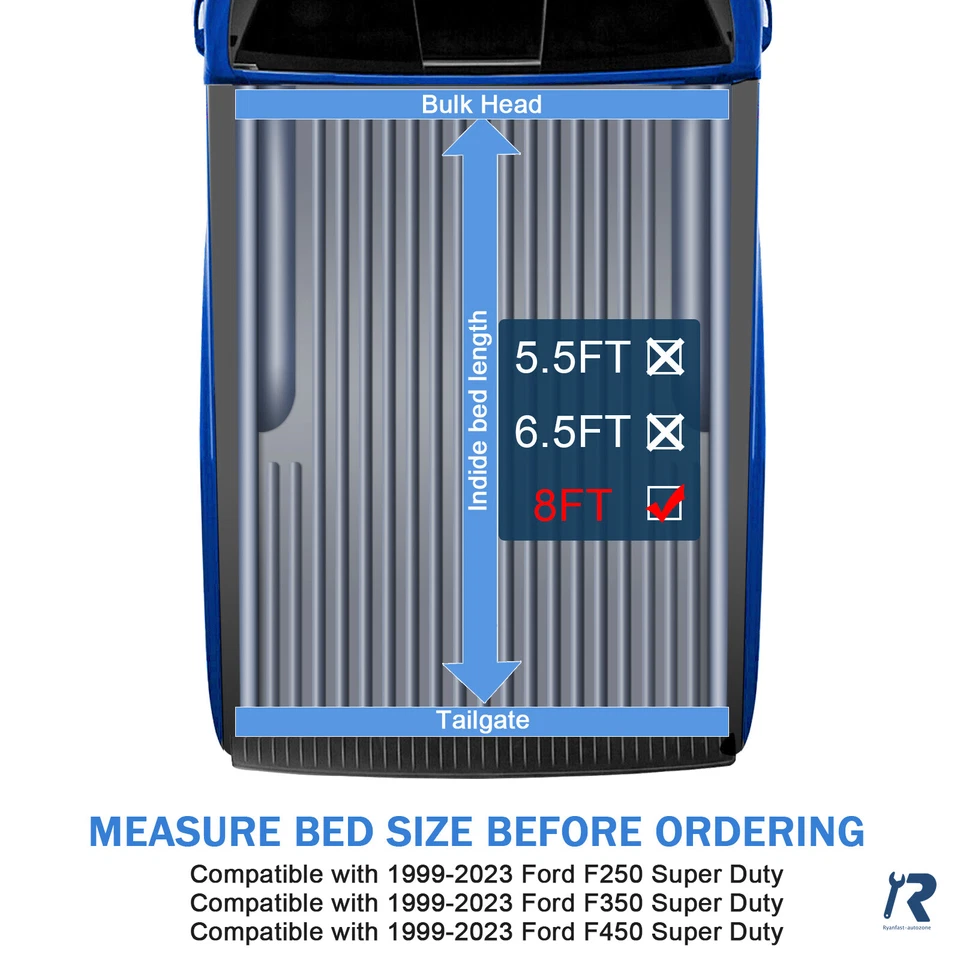 Tonneau Cover 8ft Truck Bed Soft Vinyl Roll-up fit for Ford F250/F350 1999-2016 - Изображение 2 из 4