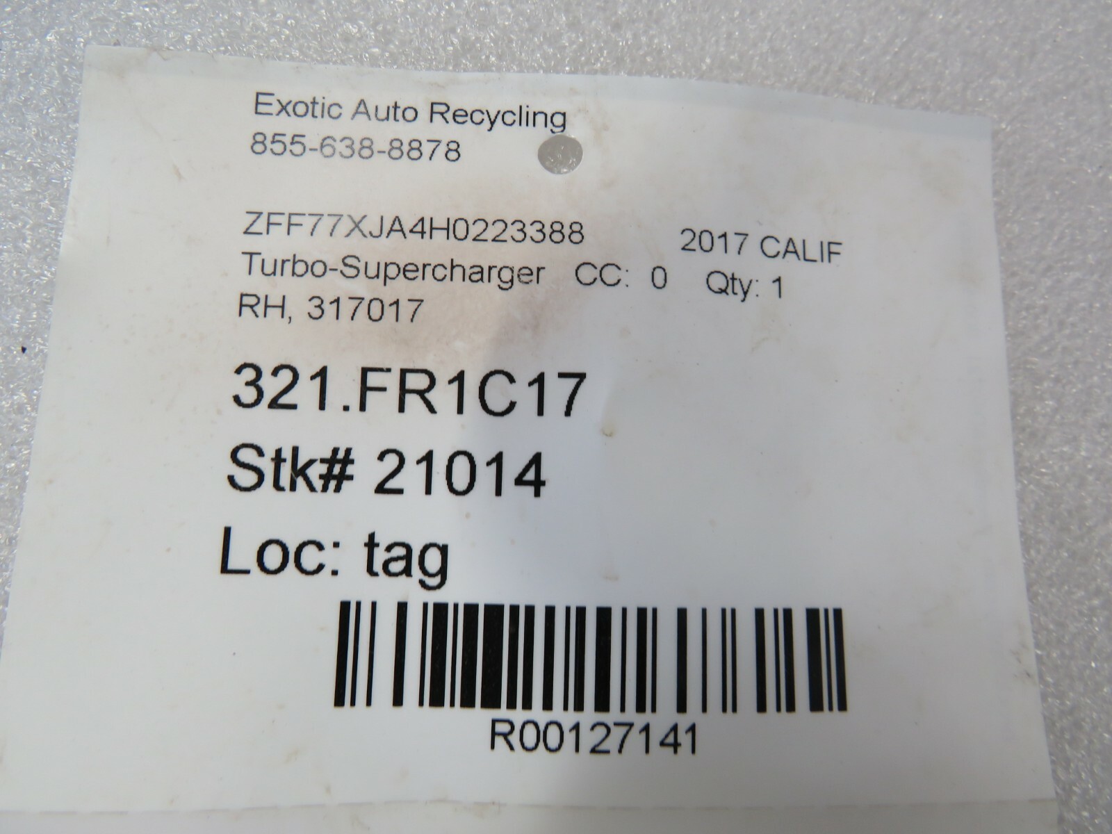 Ferrari California T, RH, Right, Turbo Supercharger, Used, P/N 317017