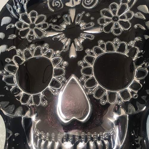 Black/Silver Sugar Skull Art Glass Dish Day of the Dead Dia De Muertos 12” Used - Picture 4 of 12