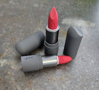 2 tubes Bite Beauty HOT TOMATO Mini Power Move Soft Matte Lipstick .04 oz ea NEW