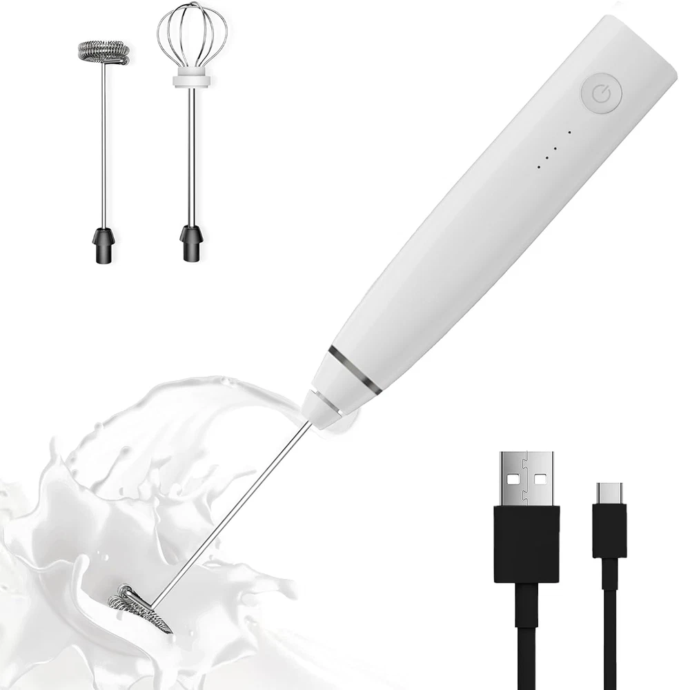 Milk Frother Rechargeable Handheld Electric Whisk Coffee Frother Mixer with 2 St