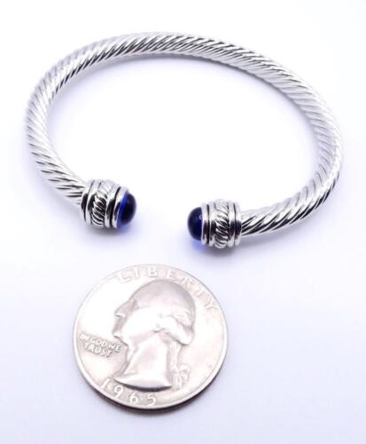 GORGEOUS Silver Plated Royal Blue Bead End Tips Twisting Cable Cuff Bracelet - Picture 5 of 7