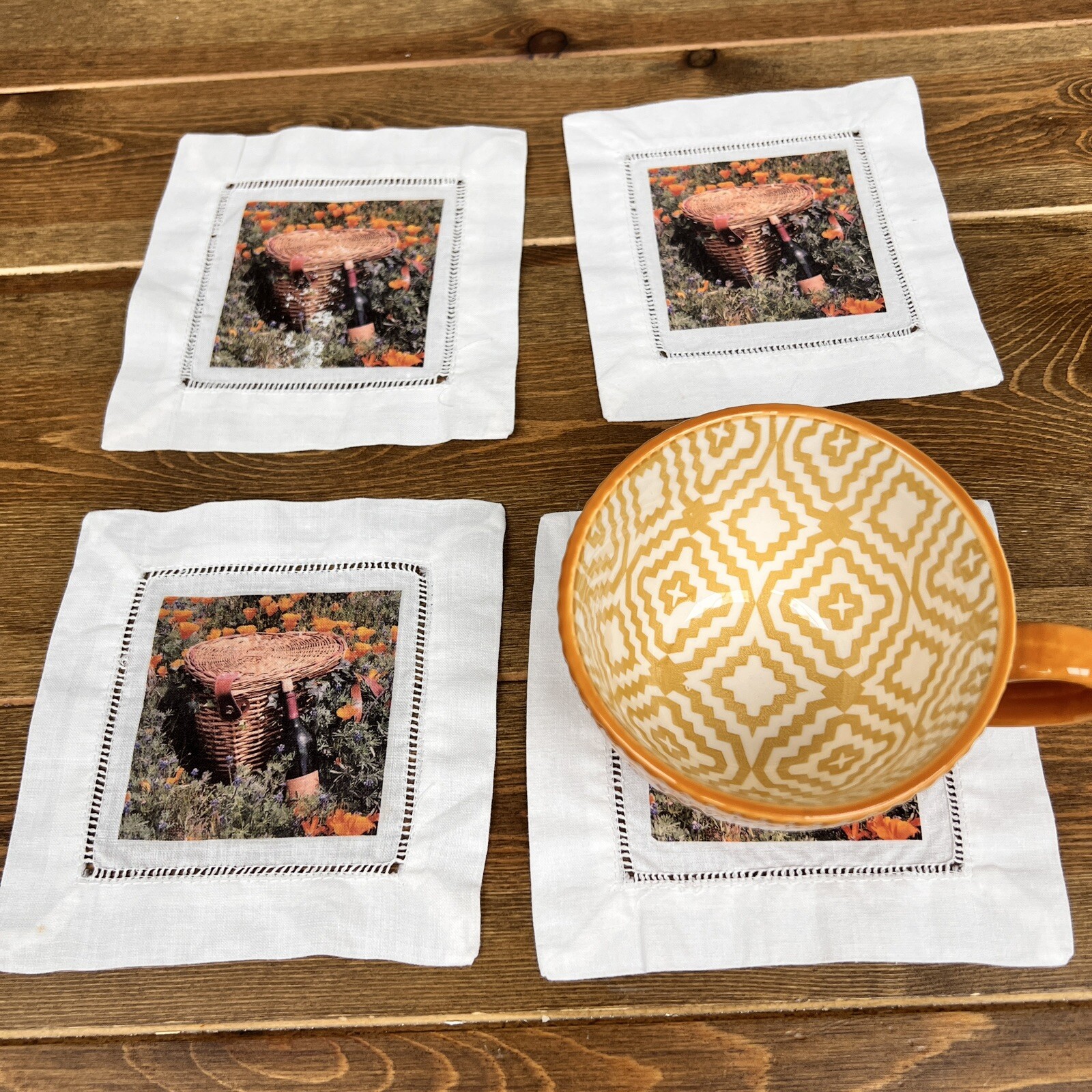 Handmade Linen cocktail coasters - California Vibes Wine & Flowers Vintage