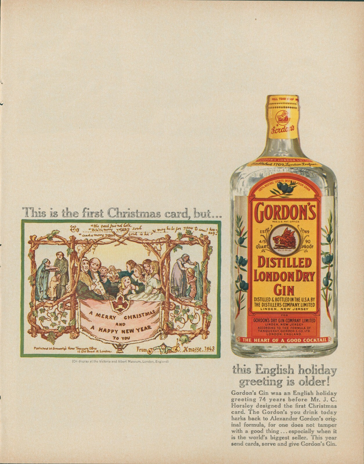 1961 Gordons Distilled London Dry Gin Vintage Print Ad Christmas Card Bottle LO1