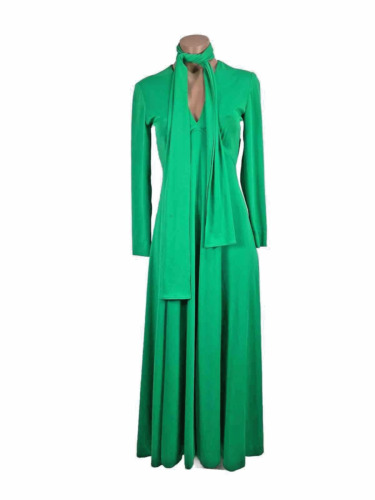 Victor Costa Long Sleeve Maxi Dress Vintage 60s 70s Kelly Green V-Neck Size 6