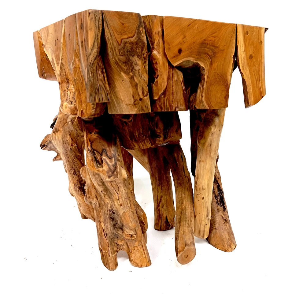 Table D'Appoint En Teck En Bois De Racine Tabouret En Teck Massif Tronc D'Arbre - Photo 3/4