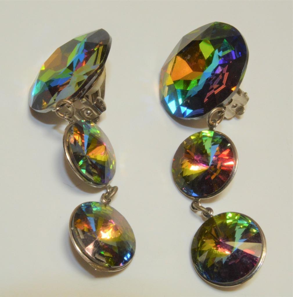 Vintage Silvertone Dangle Large Rainbow Rhineston… - image 3