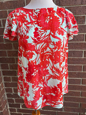 BANANA REPUBLIC RED WHITE FLORAL FLUTTER SHORT SLEEVE BLOUSE WOMENS M