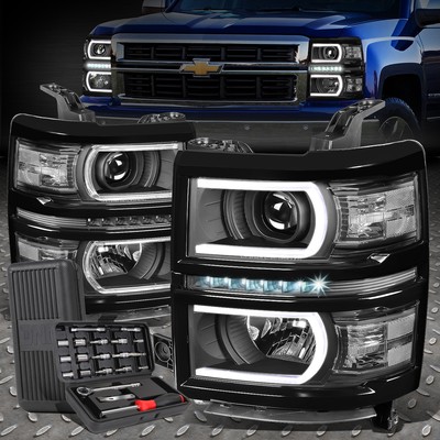 FOR 14-15 CHEVY SILVERADO LED DRL U-BAR BLACK/CLEAR PROJECTOR HEADLIGHT+TOOL SET