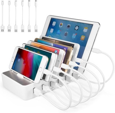 USB Ladestation 6 Port Schnellladen Weiß 6 Kabel