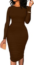 Bodycon, Ruched Midi Dress, Mocha, Zip, Long Sleeved, Medium