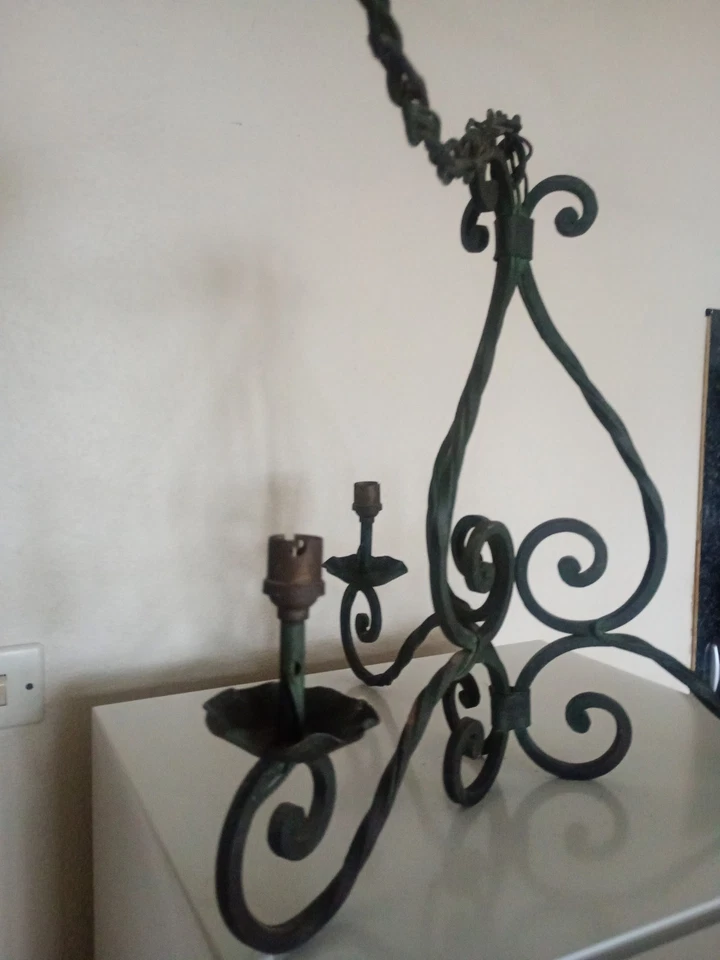 LUSTRE FER Forgé - enroulements & torsades - 3 bras - Chaîne - milieu XXe - Photo 3/4