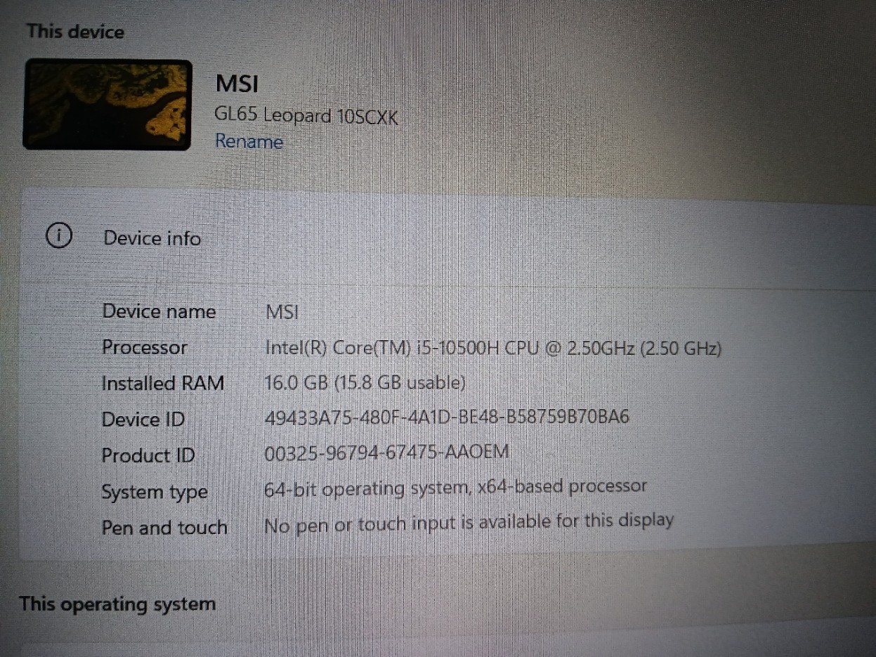 MSI Leopard GL65 GL65 15.6" i5-10500H 2.5GHz 16GB RAM 512GB HDD GeForce GTX 1650
