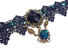 Green Black Lace Rose Choker Necklace Teal Gothic Victorian Steampunk Collar