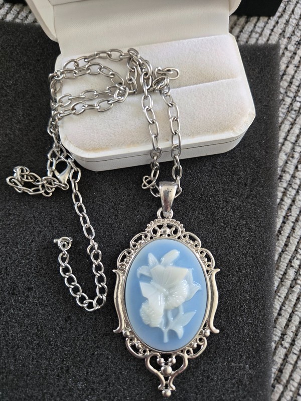 Blue Cameo Necklace Floral Butterfly Blue Cameo Pendant Necklace