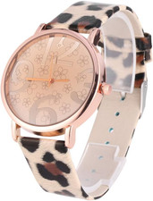 Ladies Digital Watch with Leopard Print Pu Leather Strap Fashion round Numeral D
