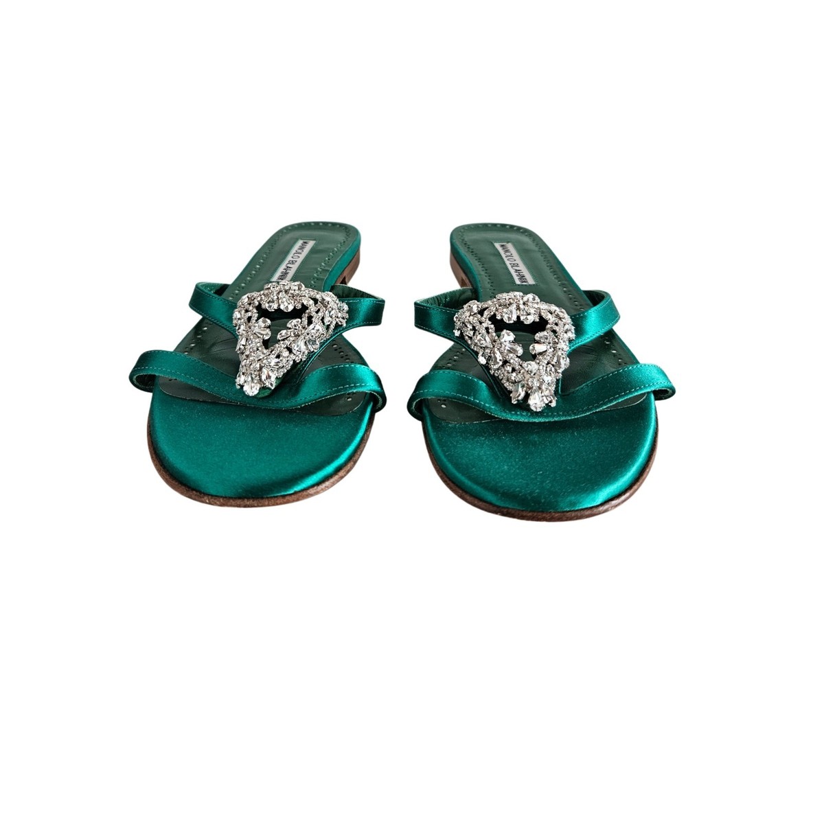 Manolo Blahnik Trinamu Green Satin With Crystal Embellished Woman