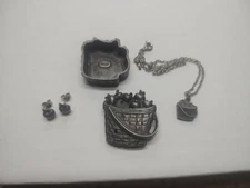Longaberger Torino Solid Pewter Trinket Box Apple Basket Necklace Earrings Pin