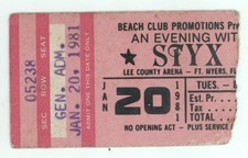 Styx 1/20/81 Ft Myers FL Lee County Arena Rare Ticket Stub