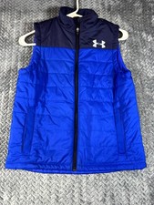 Under Armor Puffer Vest Boys Medium Navy Blue Logo Colorblock Full Zip Loose Fit
