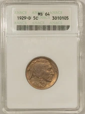 1929-D BUFFALO NICKEL - ANACS MS-64, ORIGINAL, PQ! OLD SOAP BOX HOLDER!
