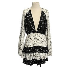 PrettyLittleThing Dress US 6 Monochrome Mixed Polka Dot Chiffon Ruched Frill