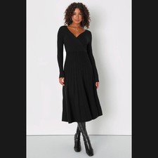 Lulus Womens Small Midi Sweater Dress Black Ribbed Skater Long Sleeve Wrap NEW