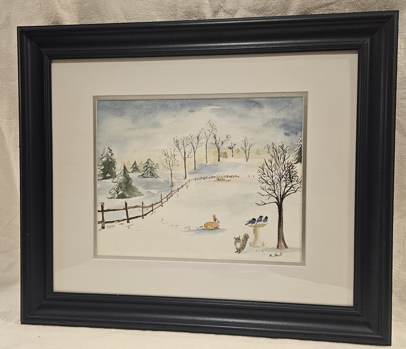 Original watercolor painting of winter scene in the Country w/ Wildlife. Signed