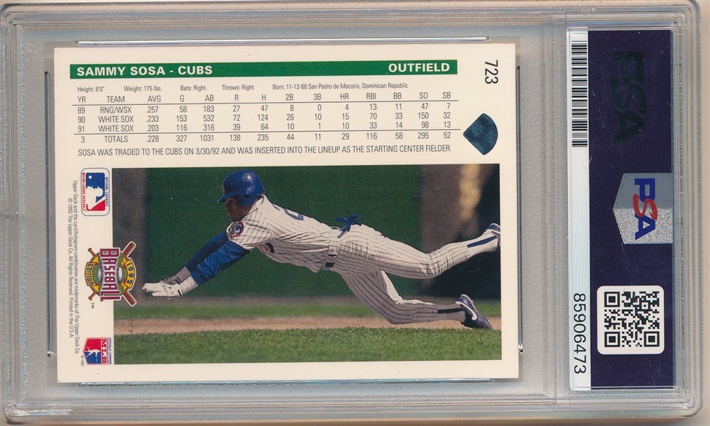 SAMMY SOSA 1992 UPPPER DECK #723 SIGNED AUTOGRAPH CUBS PSA AUTHENTIC AUTO SP view 2