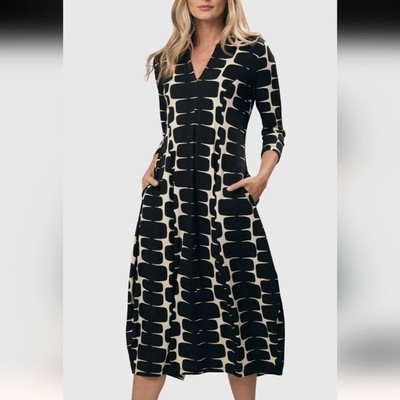 Alembika Amalfi Cocoon Midi Dress Black/Ivory Boho Lagenlook Stretch Medium 8/10
