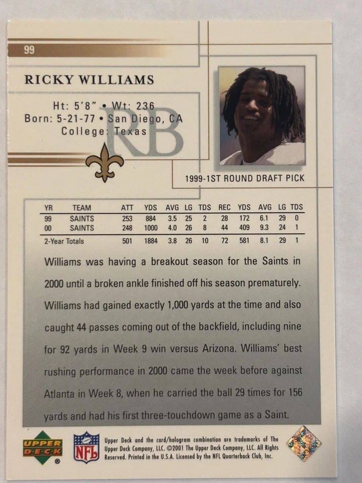 2001 Upper Deck #99 Ricky Williams New Orleans Saints - Image 2 of 2