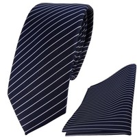 Schmale Tigertie Krawatte + Einstecktuch In Blau Dunkelblau Silber Gestreift
