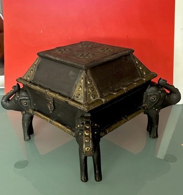 Wood Elephant Storage Lock  Box, Brass Accents, Handcarved & Decorated In India