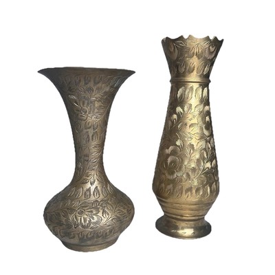 Vintage Brass Floral Etched Vases 5'' & 6'' India Boho Decor Romantic Gift Ornate