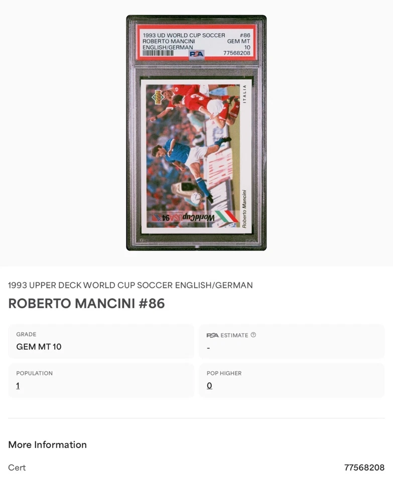 Copa Mundial de Fútbol 1993 Upper Deck #86 Roberto Mancini inglés/alemán PSA 10 Pop 1 Foto 2 de 2