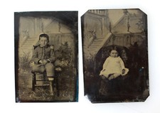 Brother  Sister with Painted backdrop Set of 2, Antique Tintype