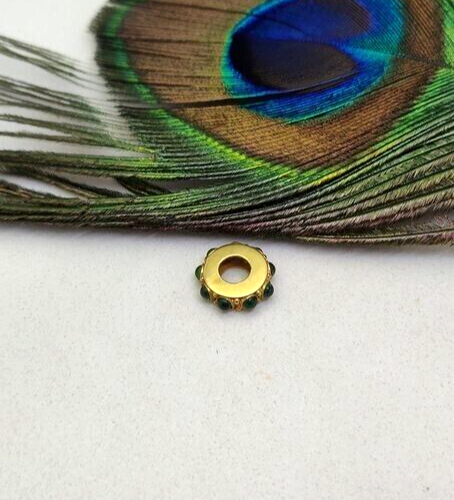 18k Gold Bead For Pendant Studded with Hydro Green Stones | 11X4 MM wheel Beads - Picture 1 of 7