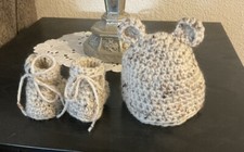 NEW Cute Bear Hat  Matching Booties, Hand Crocheted With   . 0 - 3 Months 