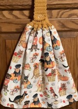 Double Hanging kitchen towel Fall Dogs pumpkin Leaves crocheted gold top