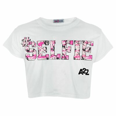 Kinder Mädchen Crop Top #Selfie weiß Trendy Zahnseide Mode stilvoll Bauch Shirt T-Shirts