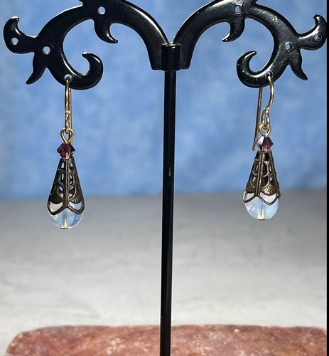 Vintage 1930’s Faux Opal & Bronze Gold Threader Drop Earrings - Mint Condition - Picture 5 of 11