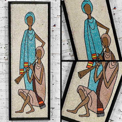 1960er Jahre Mitte des Jahrhunderts moderne gerahmte Kies Wandkunst figurale Mosaiken ein Paar - Bild 17 von 19