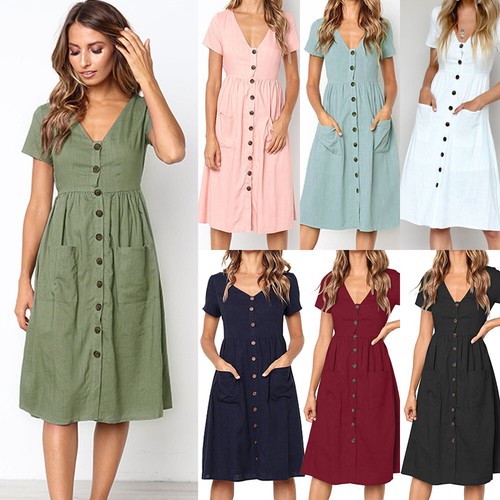 Womens Casual Beach V-Neck Midi Dress Ladies Summer Button Short Sleeve  Sundress | eBay