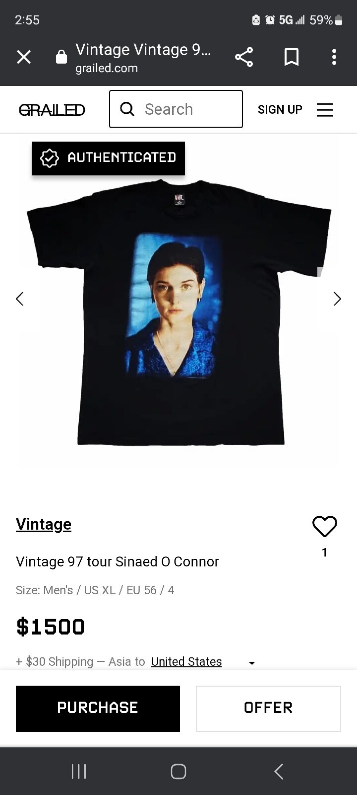 T-shirt Vintage Sinead O'Connor In Tour - Coton épais Blanc - Taille Réelle TU344 - Neuf Avec étiquette