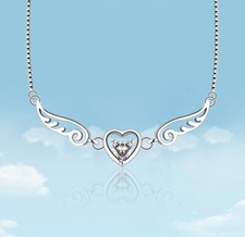 Angel Wing Love Heart Silver Cubic Zirconia Pendant Chain Necklace