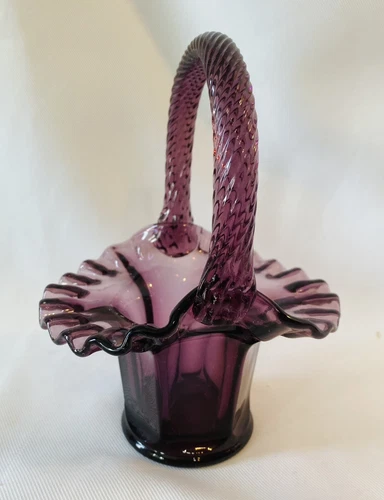 Vtg Fenton Amethyst Crimped Edge Glass Basket 7” Tall Ribbed Handle Purple
