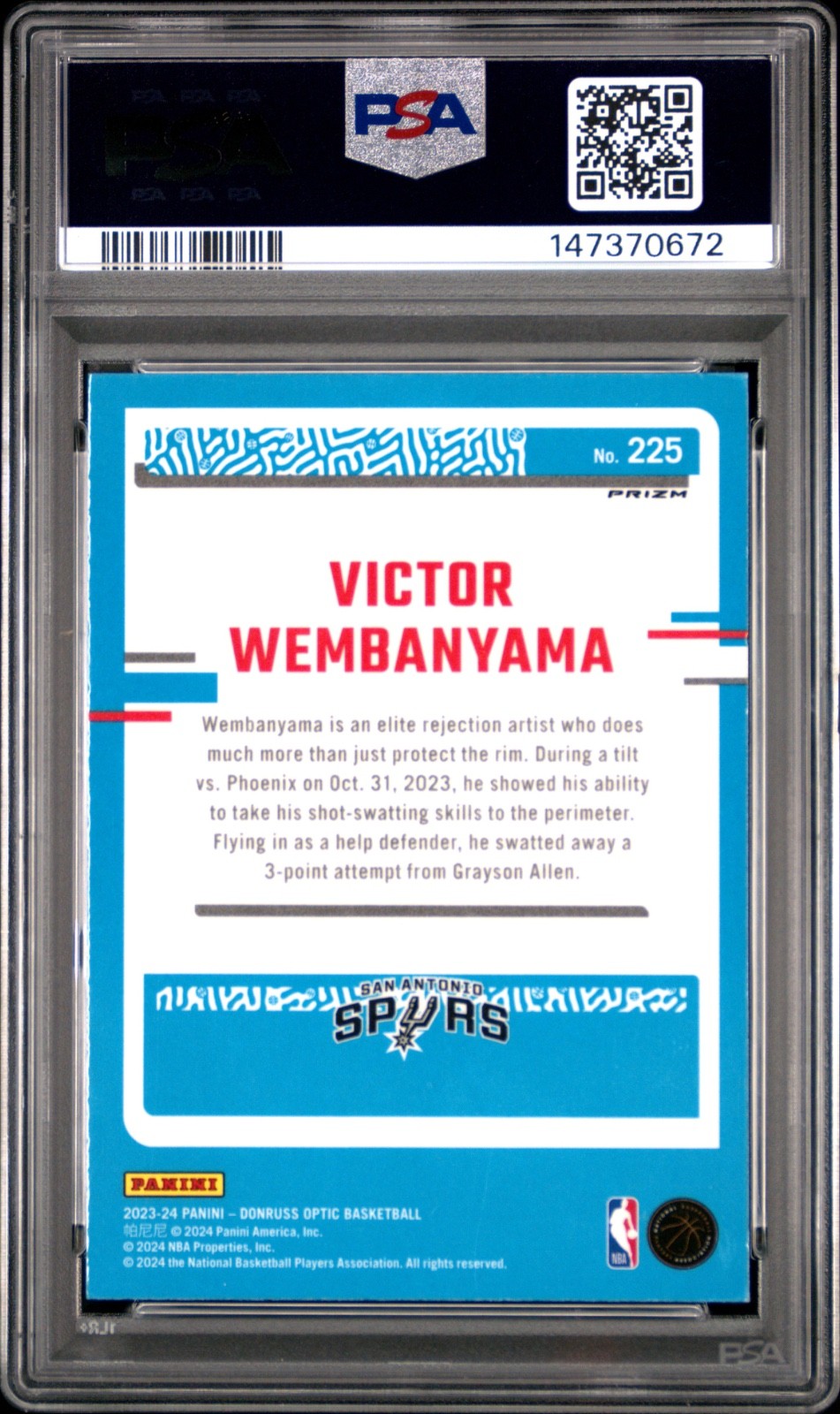 PSA 2023 Donruss Optic Rated Rookie Victor Wembanyama Purple Holo #225 RC🔥🦄 view 2