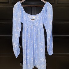 American Eagle Size Small Blue Floral Long Sleeve Babydoll Mini Dress Tortoise